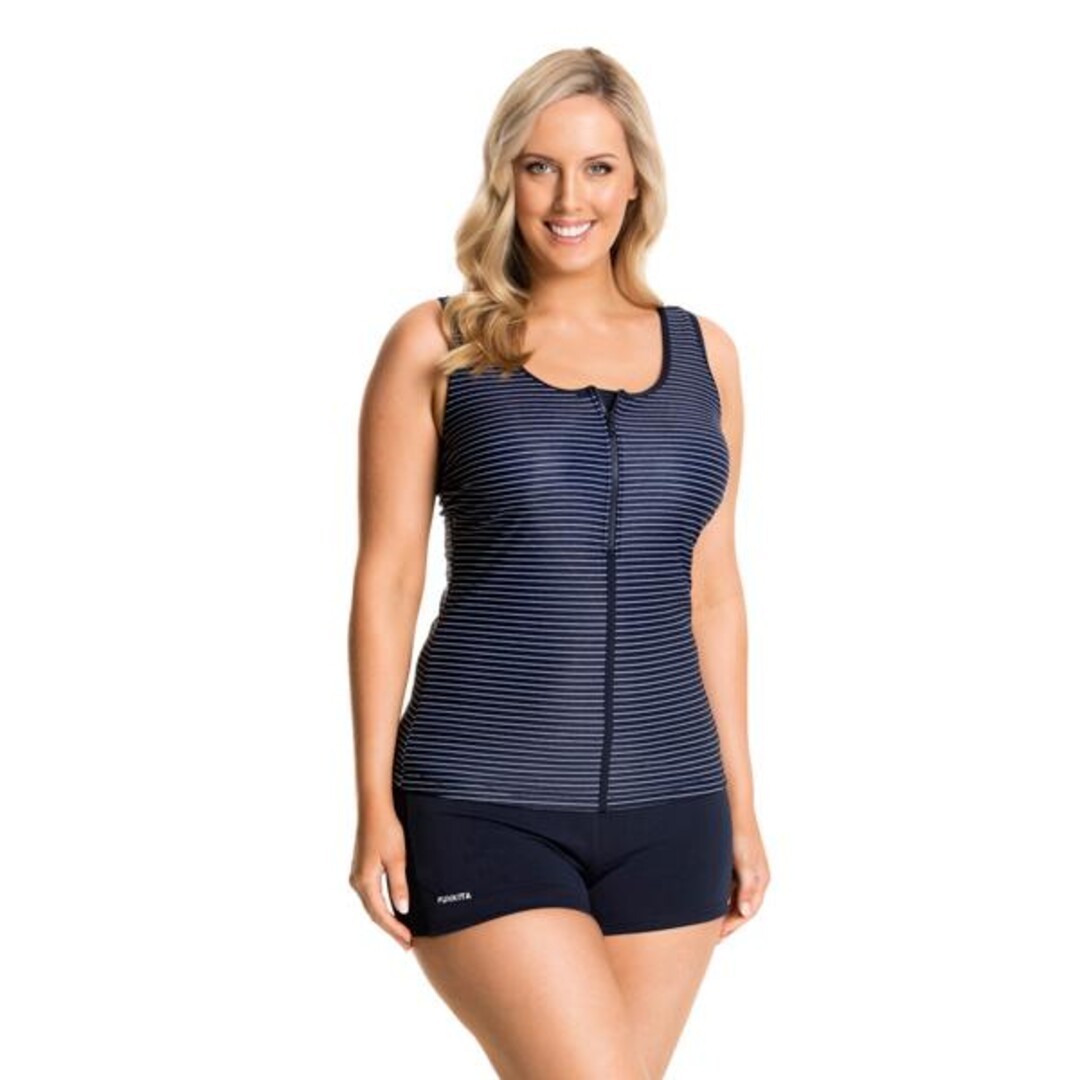White Stripes Ladies Zip Front Tankini